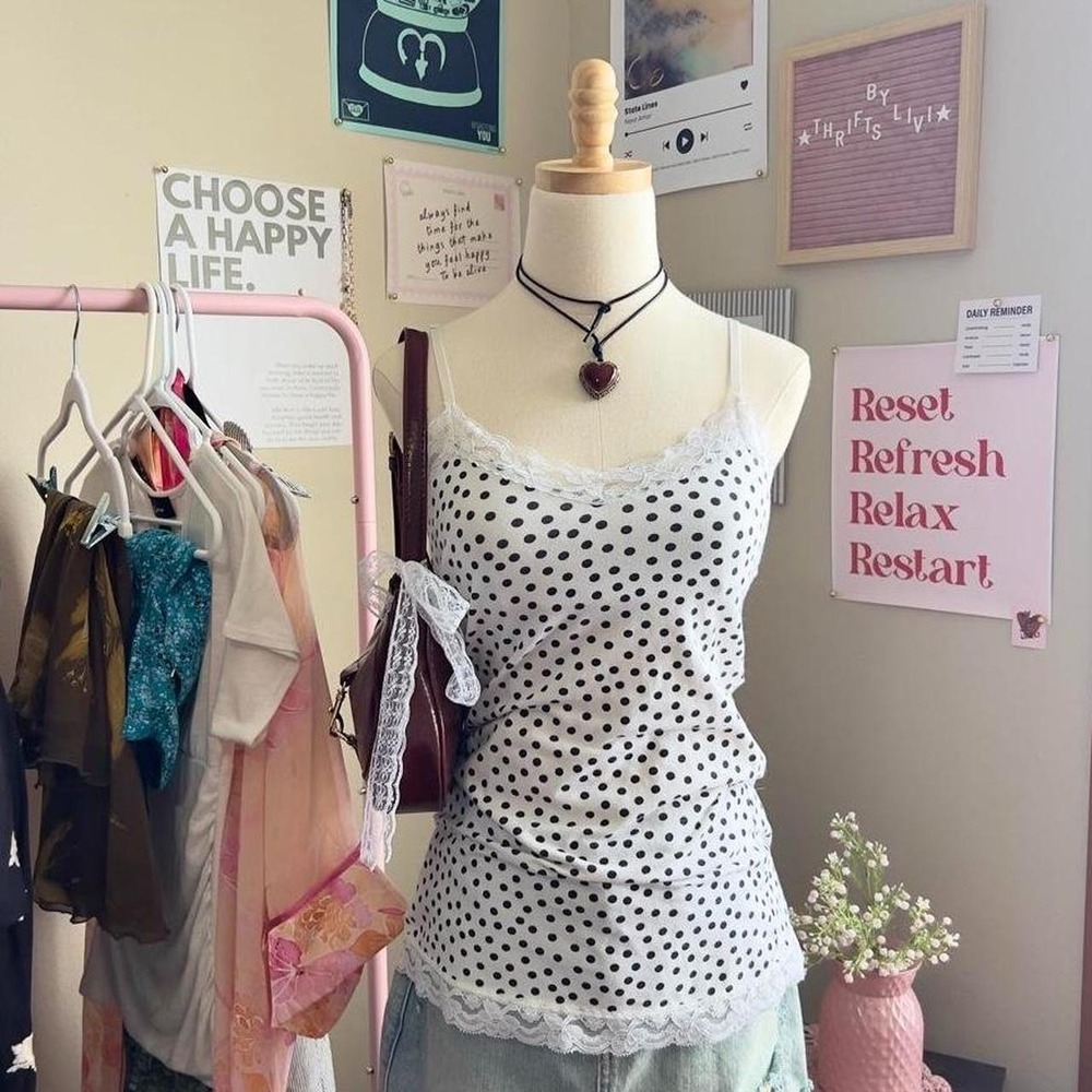 Vintage Y2K No Boundaries White Polka Dot Lace Trim Cami Tank Top Size L
